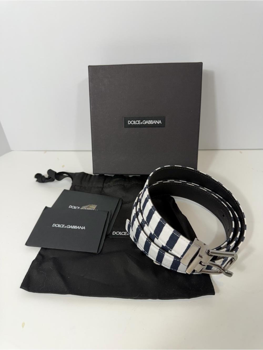 Dolce & Gabbana Striped Canvas Leather Belt Navy White Reversible Buckle 110